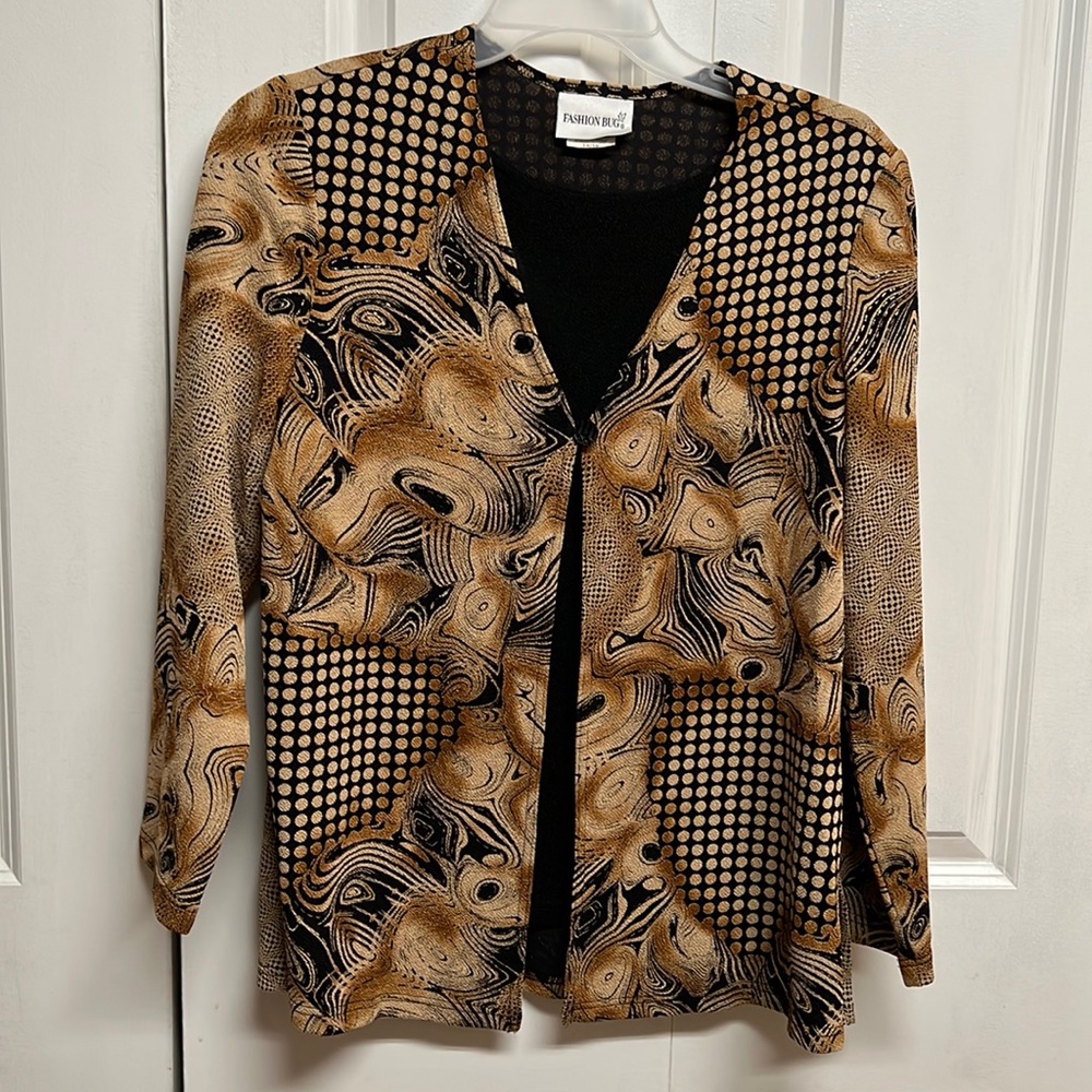 Fashion Bug Tan Black Gold Abstract Print Long Sleeve Layered Look Top Size 14